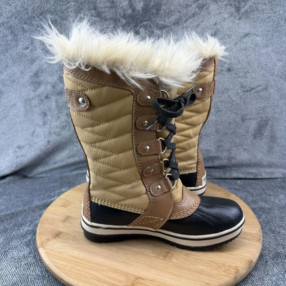 Sorel Boots Girls Size 1 Brown Nylon Faux Fur Waterproof Winter Snow NY2419-373
